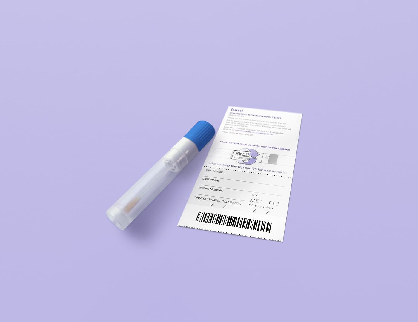 A Lumi cheek swab and Sample ID sticker